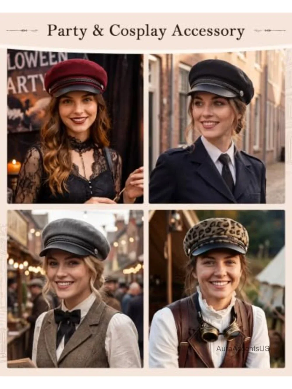 Vintage Newsboy Cap Structured PU Leather Visor Newsboy Hat